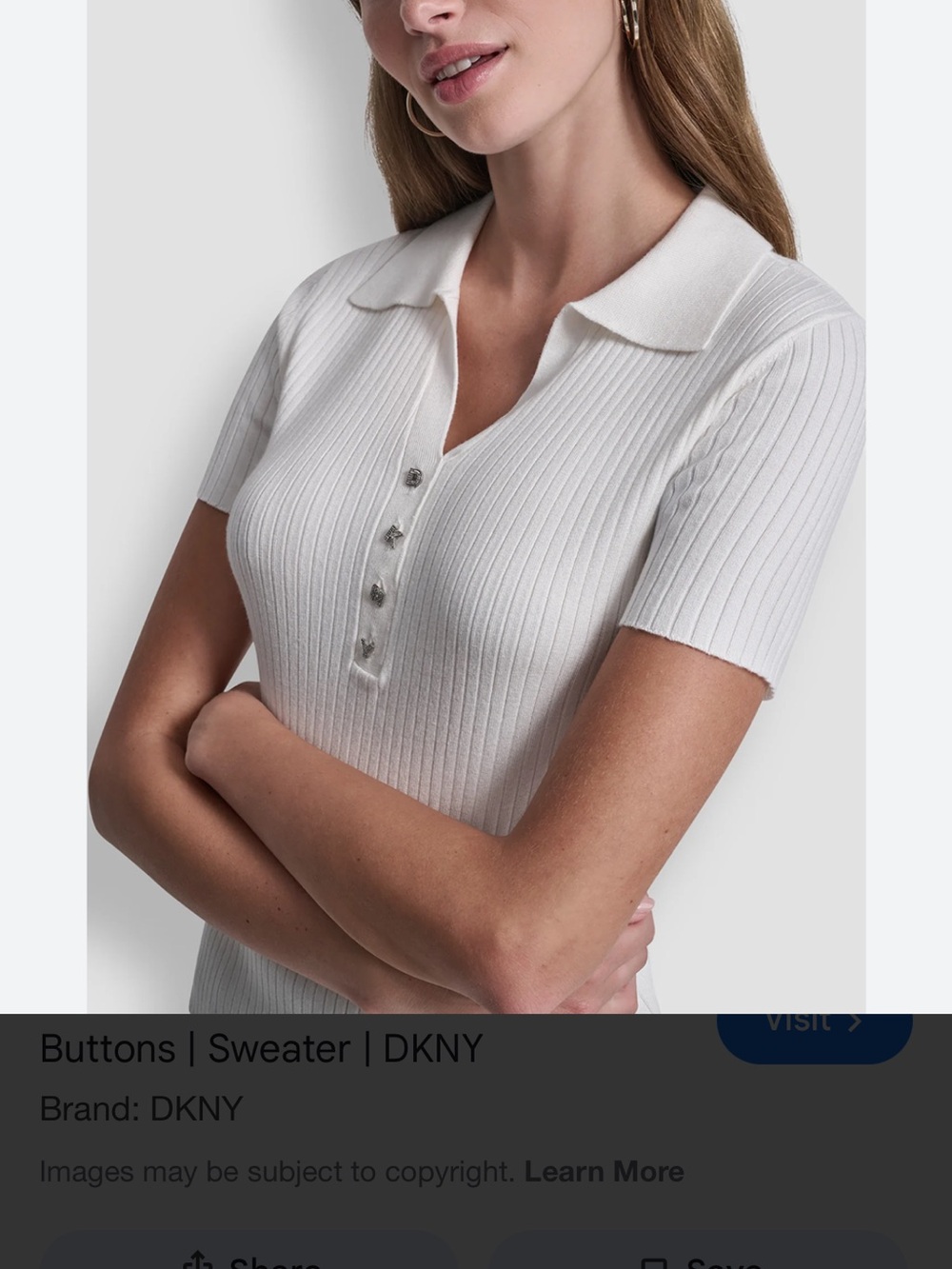DKNY White Ribbed Polo Short Sleeve Sweater